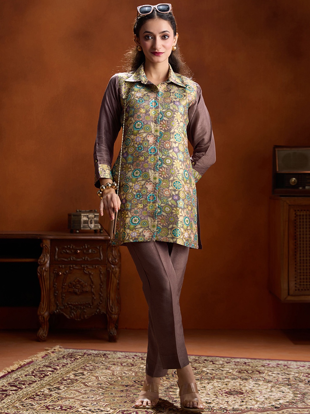 

WOMEN PLUS Russett Pink Jacquard Silk Tunic with Trouser