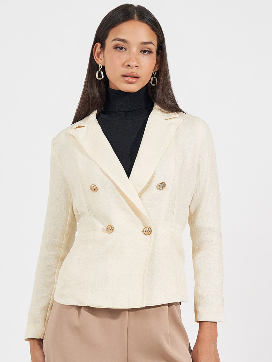 

Styli Women Regular Length Regular Fit Double-Breasted Blazer, Off white