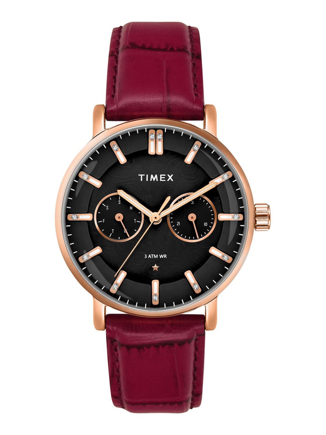 

Timex Women Brass Embellished Dial & Leather Straps Analogue Watch TWEL20300, Black