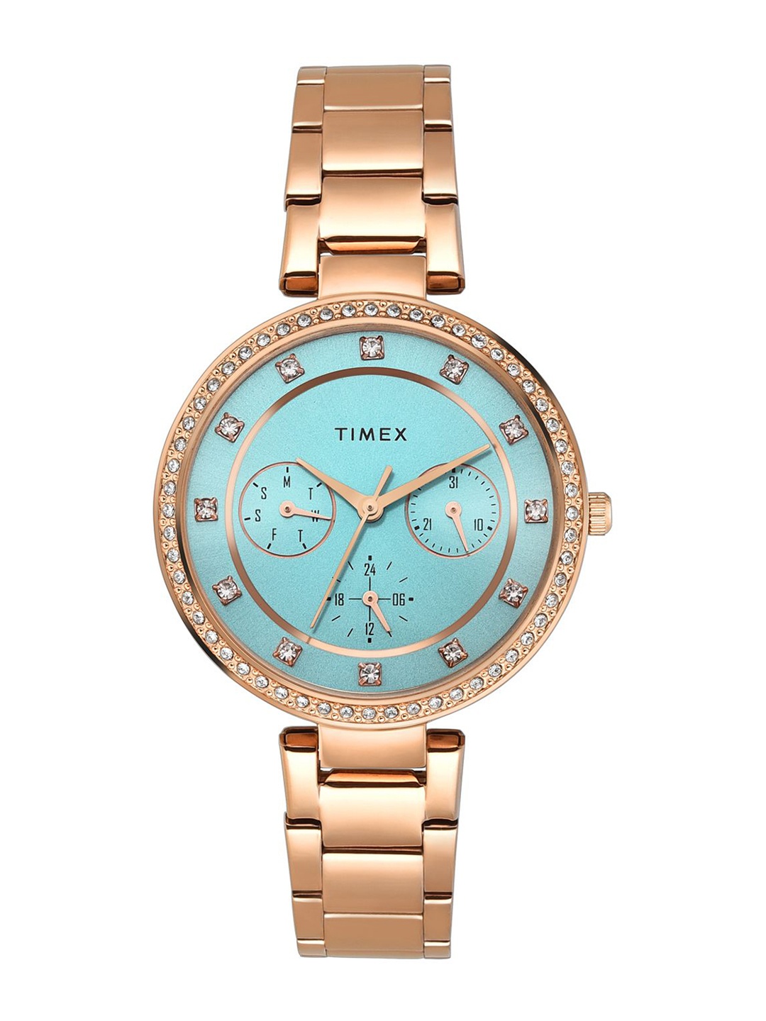 

Timex Women Brass Embellished Dial & Stainless Steel Straps Analogue Multi Function Watch TWEL18705, Blue