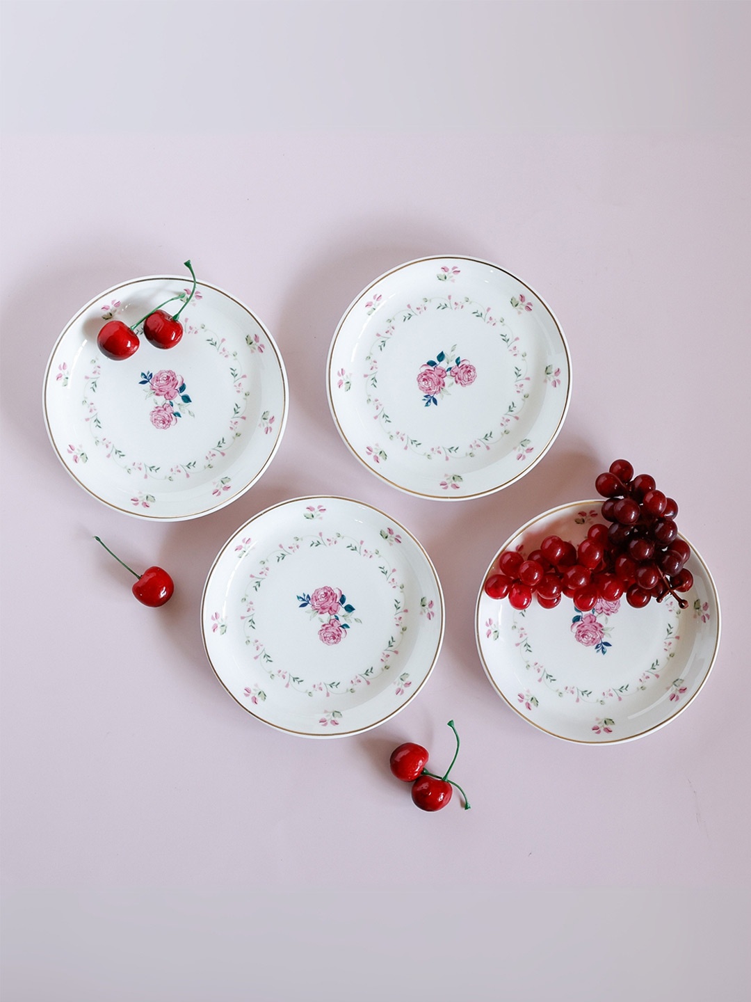 

CLAY CRAFT The Wishing Chair White & Pink 4 Pieces Floral Printed Glossy Ceramic Plates