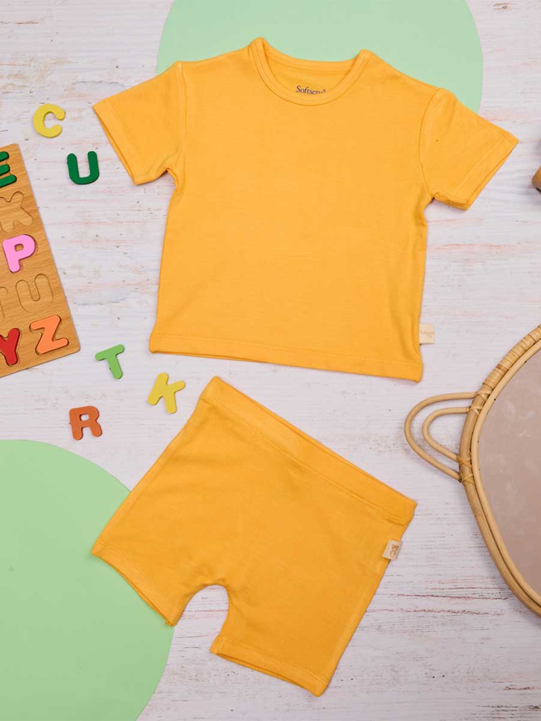 

Softsens Unisex Kids Round Neck Bamboo T-shirt with Shorts, Mustard
