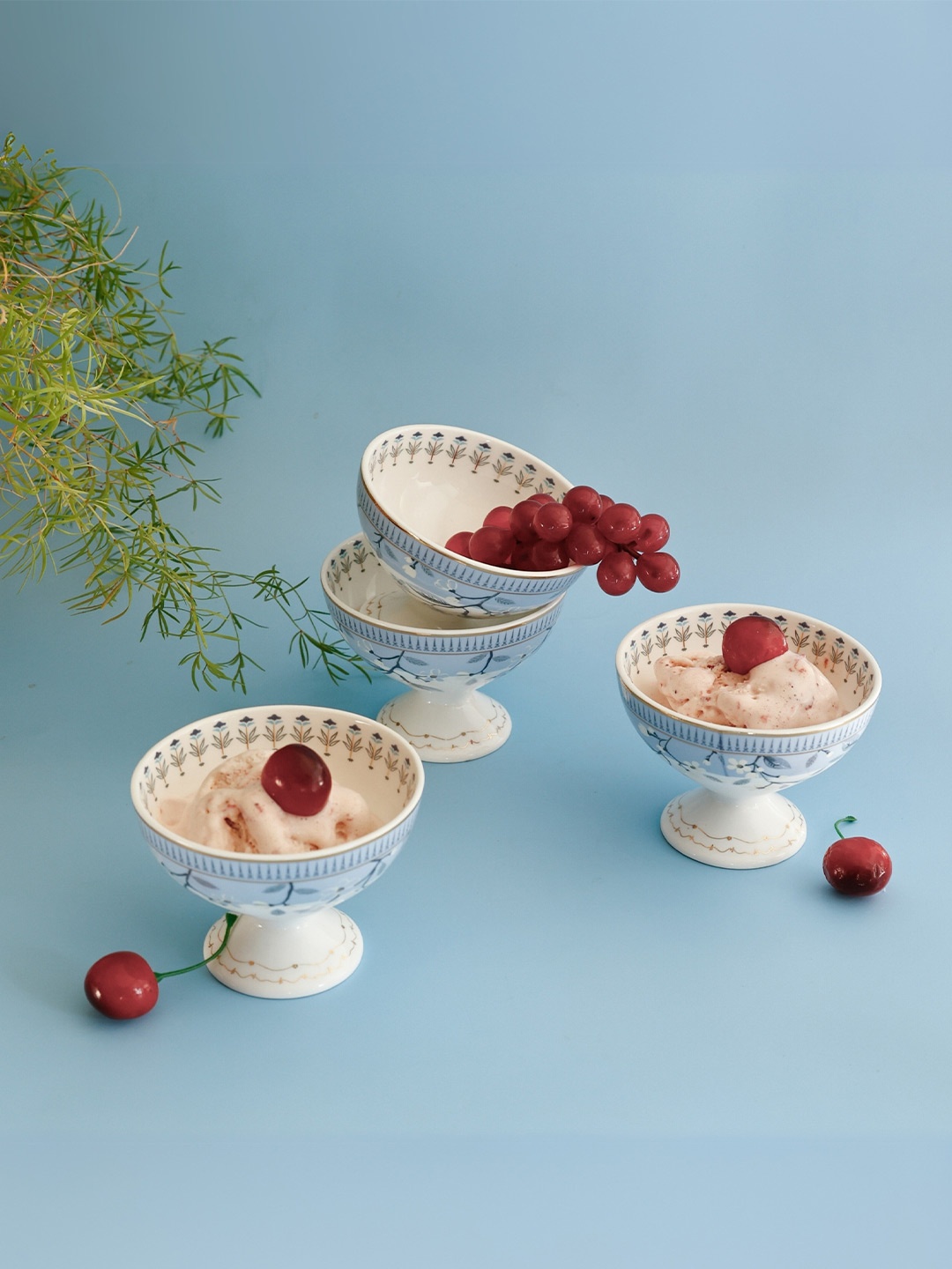 

CLAY CRAFT White & Blue 4 Pieces Printed Ceramic Glossy Ice Cream Cups