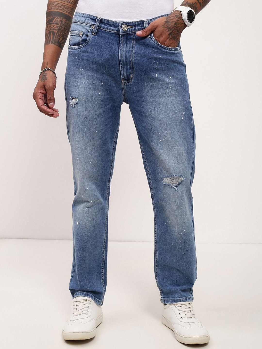 

SHOWOFF Men Comfort Straight Fit Low-Rise Low Distress Heavy Fade Acid Wash Stretchable Jeans, Blue