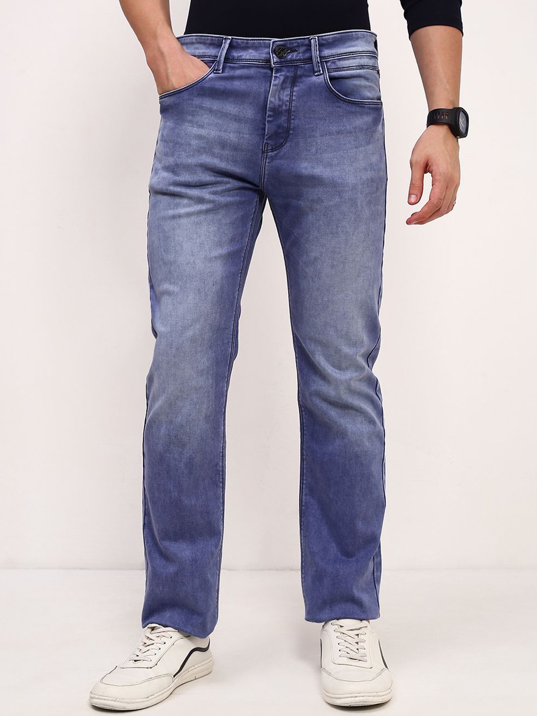 

SHOWOFF Men Comfort Straight Fit Low-Rise Heavy Fade Acid Wash Stretchable Jeans, Blue