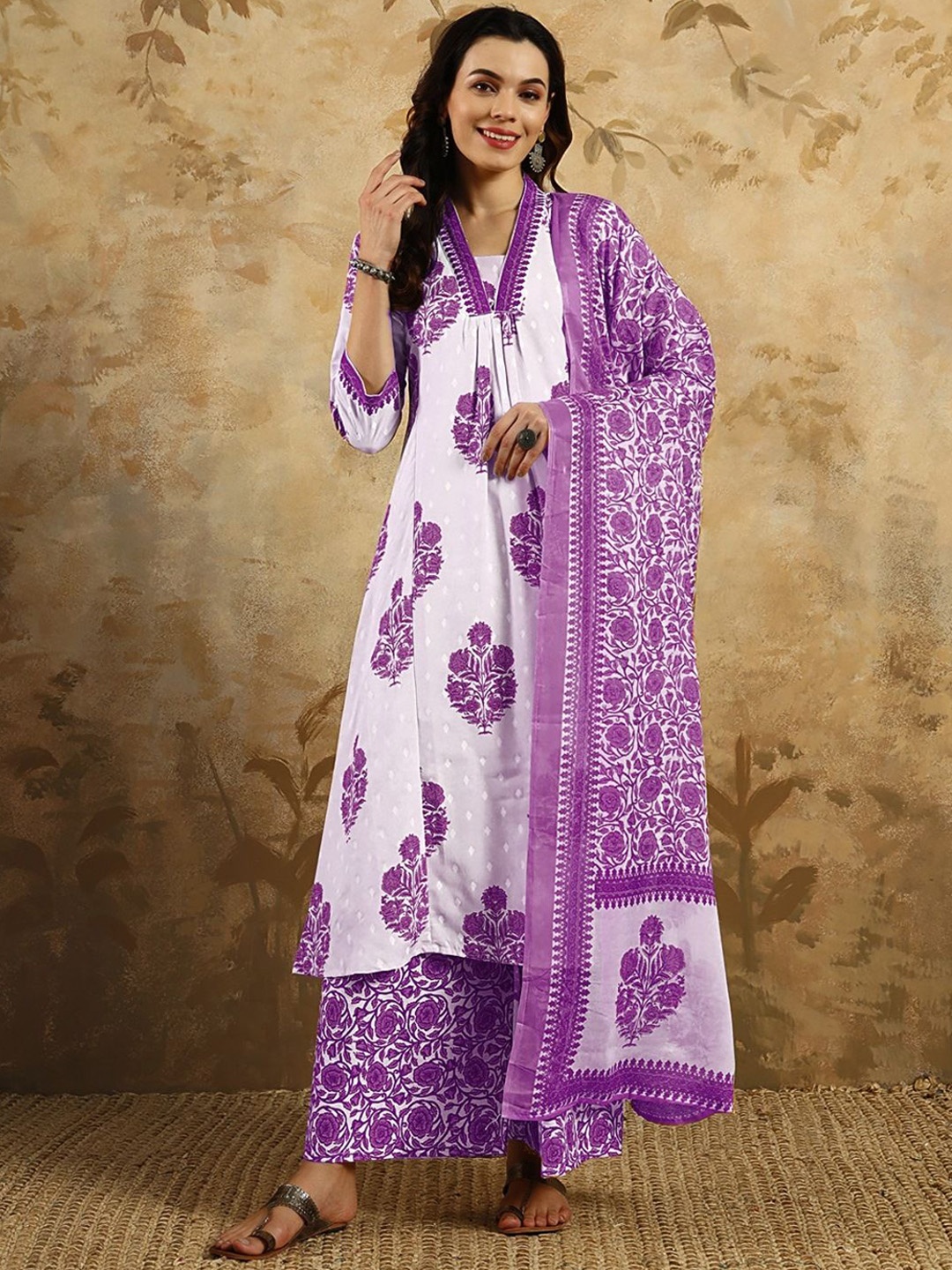 

KALINI Floral Printed V-Neck Pleated A-Line Kurta With Palazzos & Dupatta, Purple