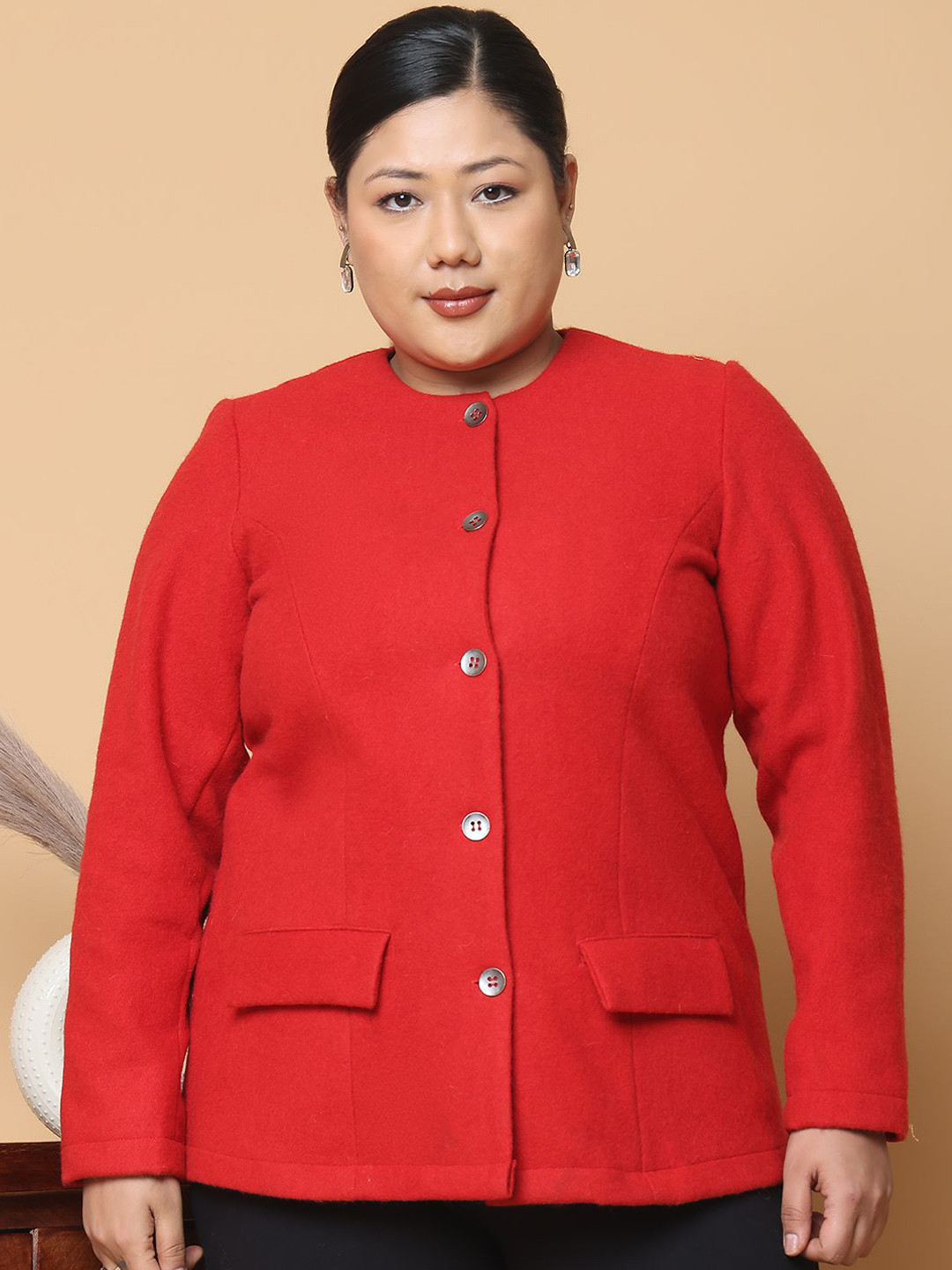 

theRebelinme Women Stand Collar Solid Casual Tailored Jacket, Red