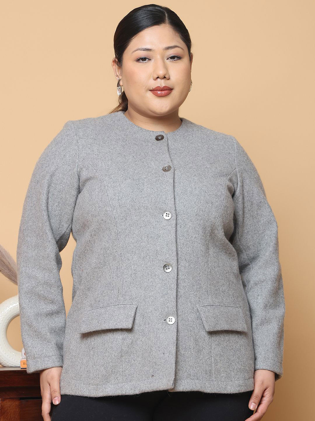 

theRebelinme Women Plus Size Collarless Solid Casual Tailored Jacket, Grey