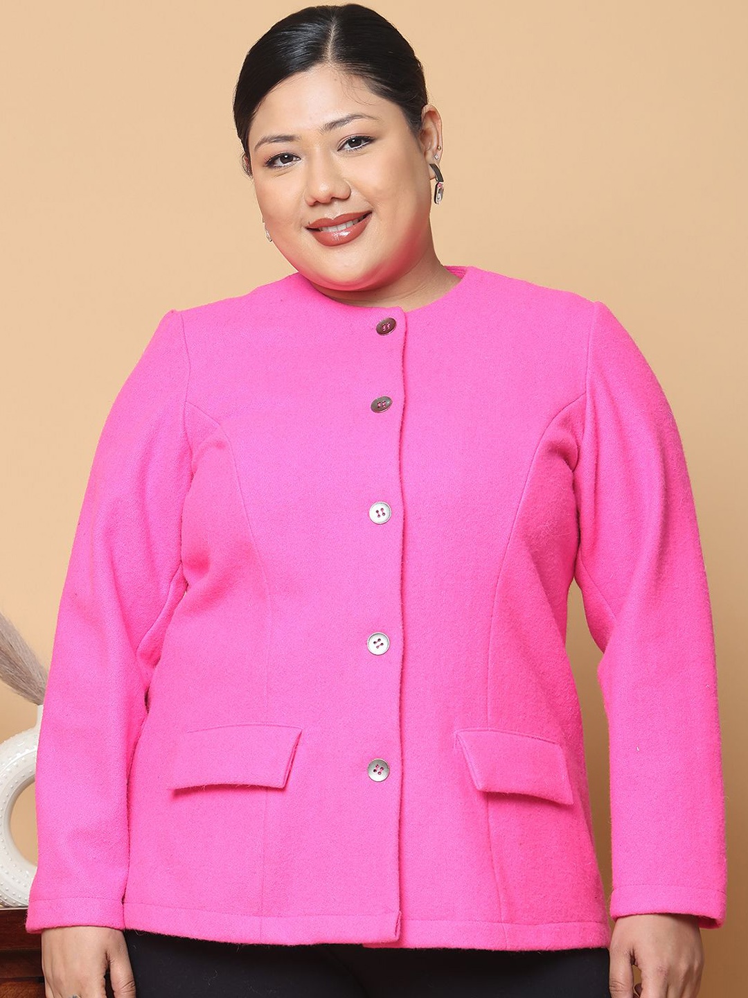 

theRebelinme Women Plus Size Collarless Solid Casual Tailored Jacket, Pink