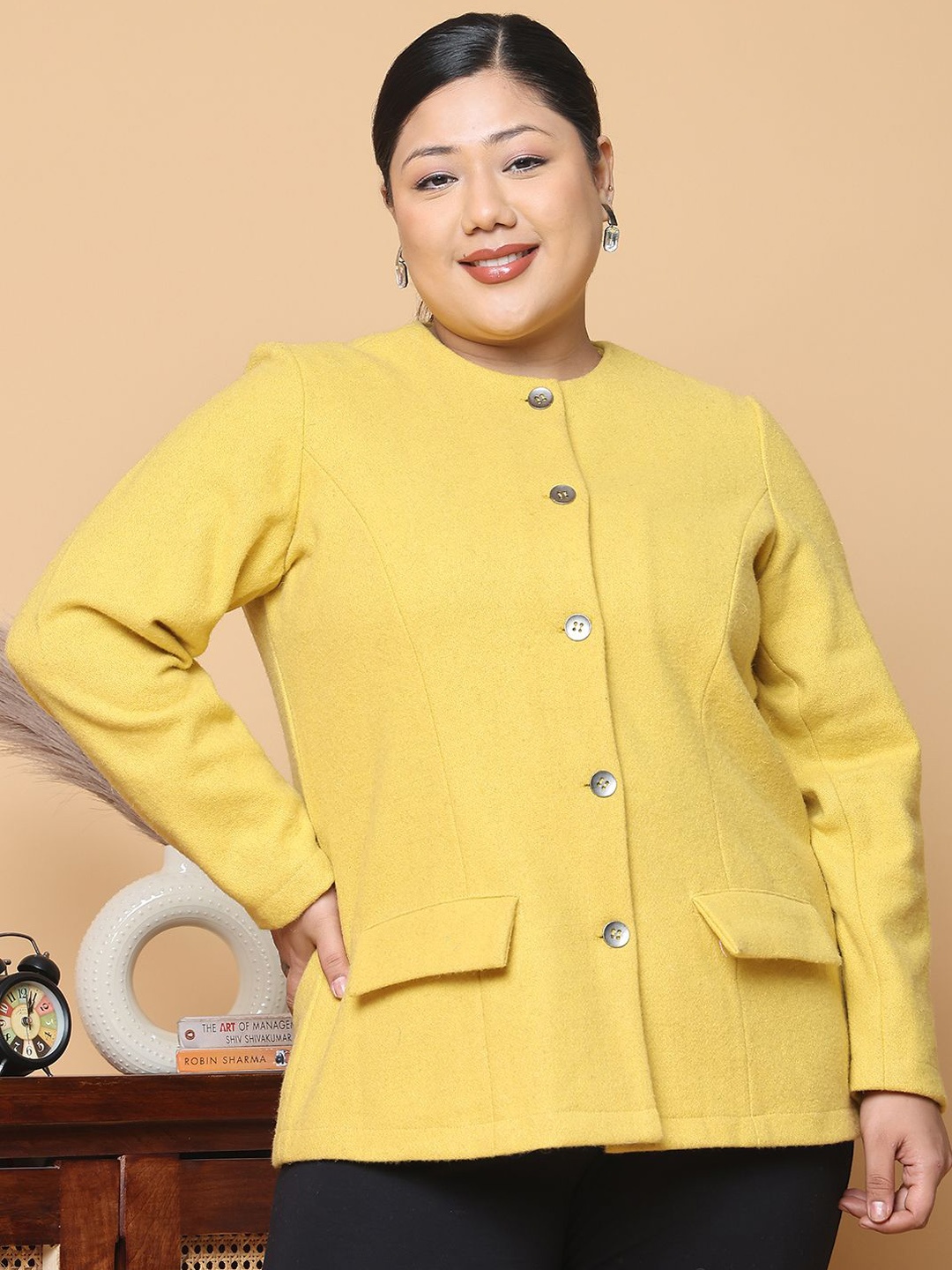 

theRebelinme Women Plus Size Collarless Solid Casual Tailored Jacket, Yellow