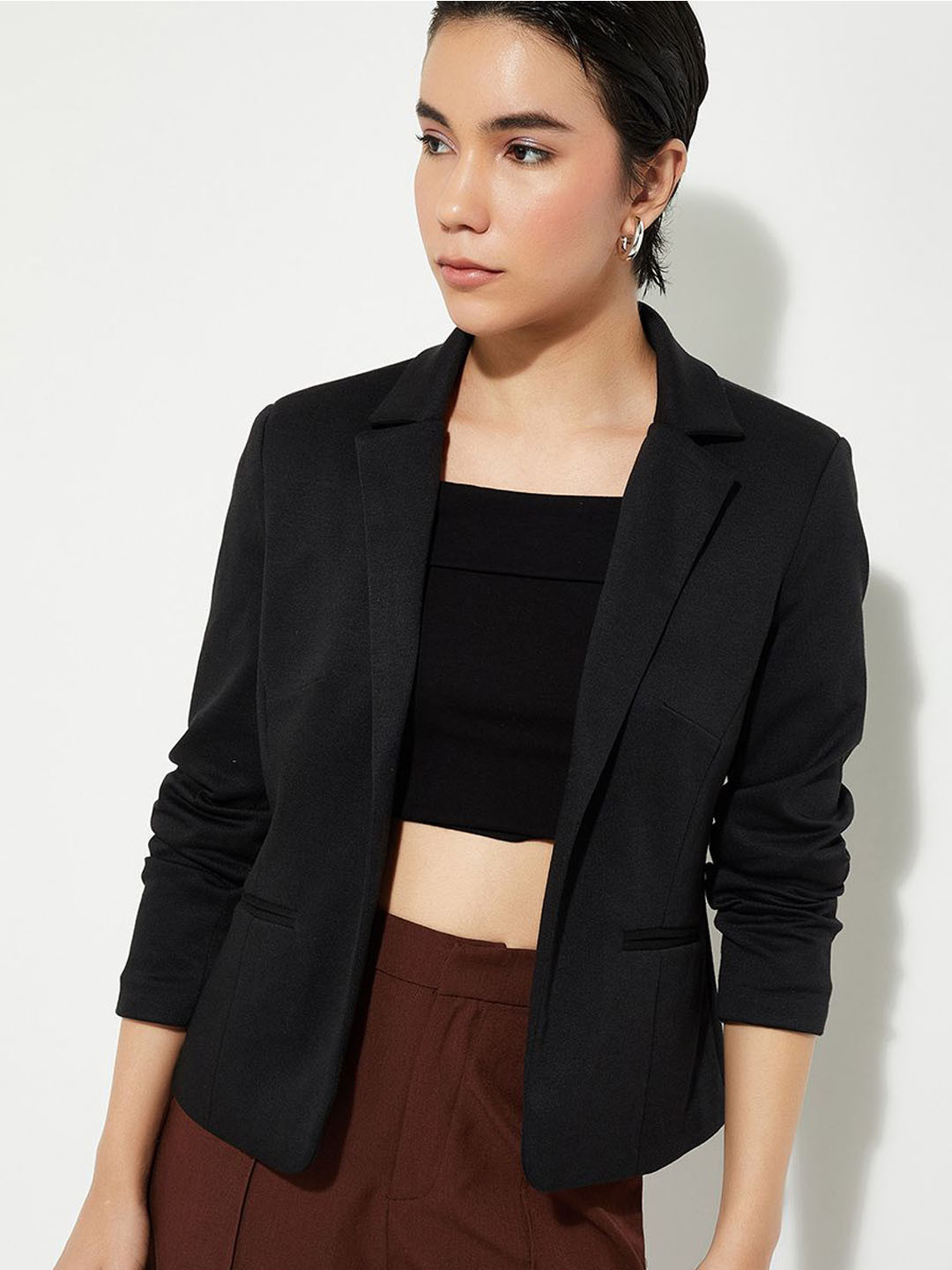 

MAX URB_N Women Solid Open Front Blazer, Black