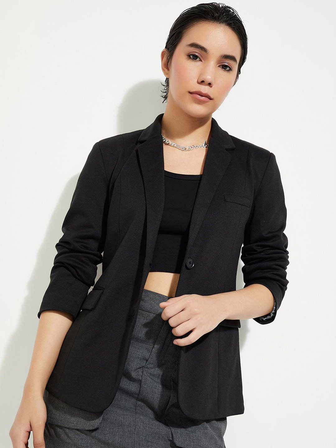 

MAX URB_N Women Solid Single-Breasted Blazer, Black