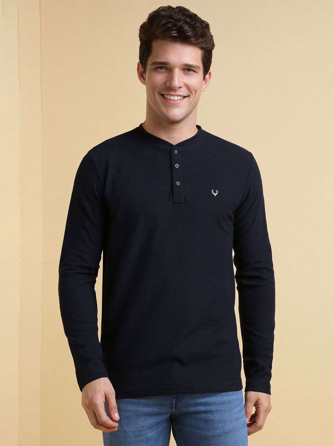 

Allen Solly Men Solid Henley Neck Cotton T-shirt, Black