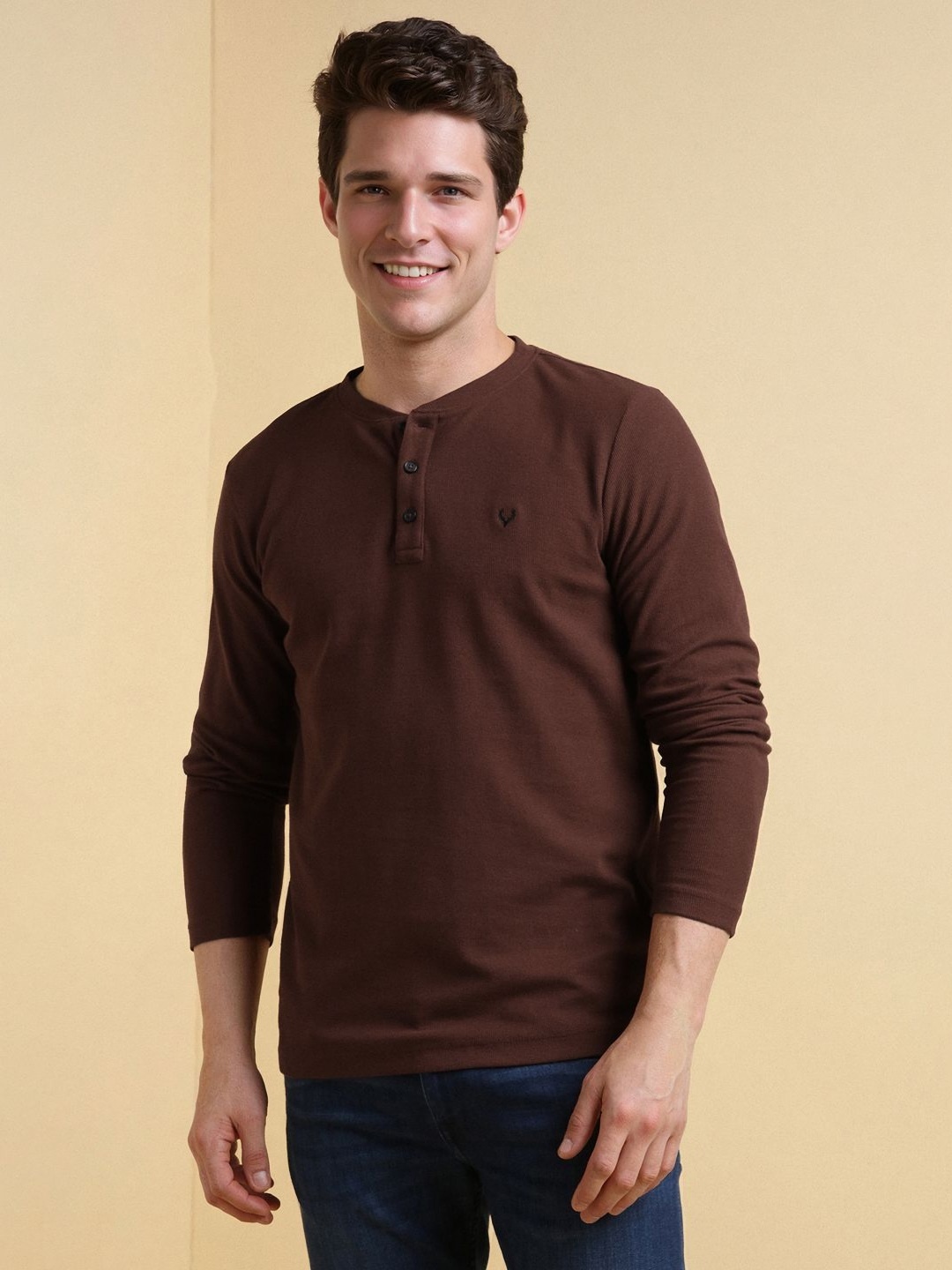 

Allen Solly Men Solid Henley Neck Cotton Slim Fit T-shirt, Brown