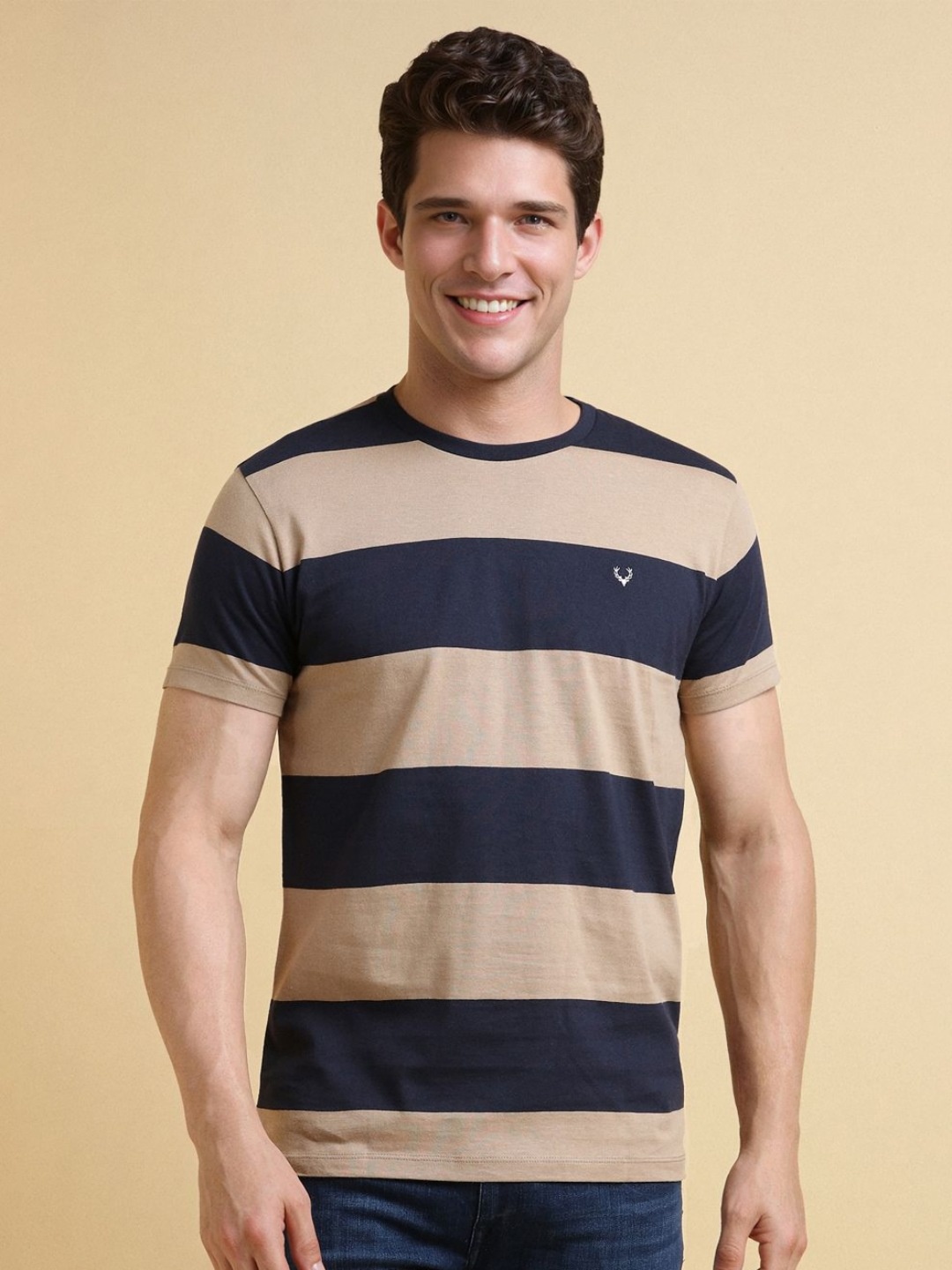 

Allen Solly Men Striped Round Neck Cotton Slim Fit T-shirt, Beige