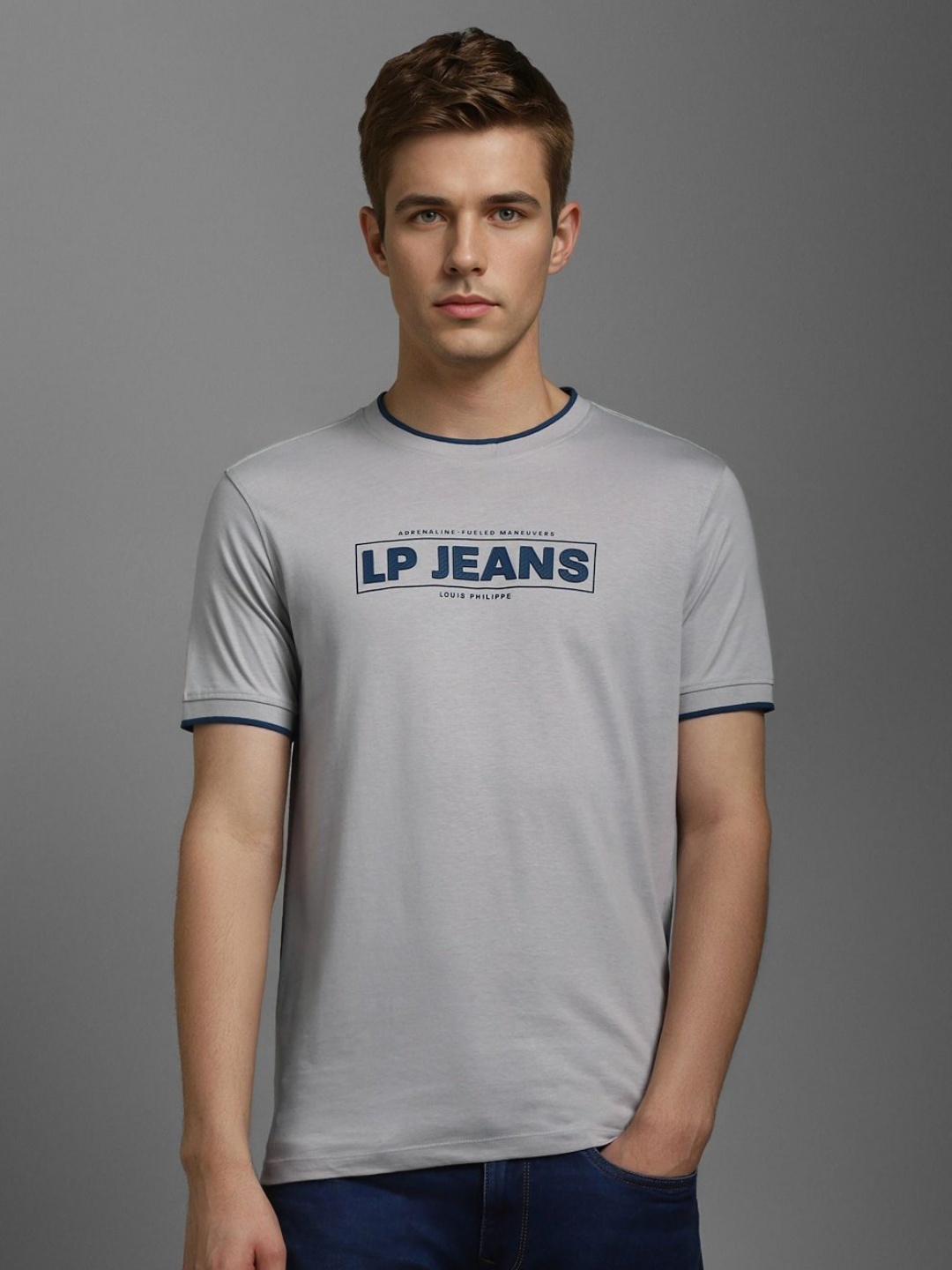 

Louis Philippe Jeans Men Typography Printed Round Neck Cotton T-shirt, Grey