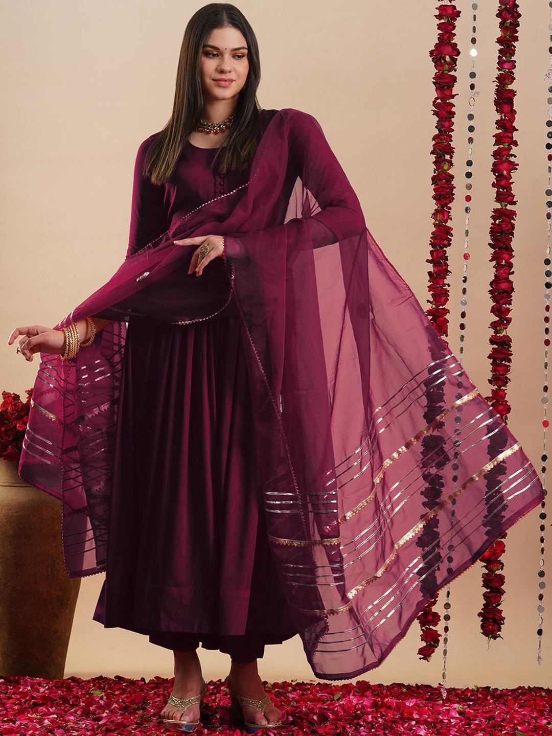 

KALINI Round Neck Pleated Anarkali Kurta With Trousers & Dupatta, Maroon