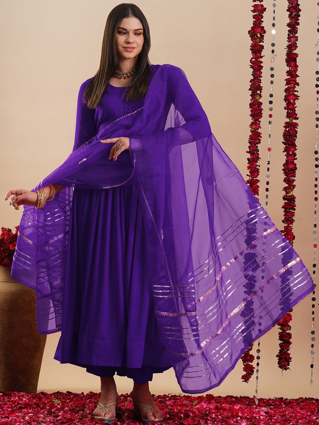 

KALINI Round Neck Anarkali Kurta With Trousers & Dupatta, Purple