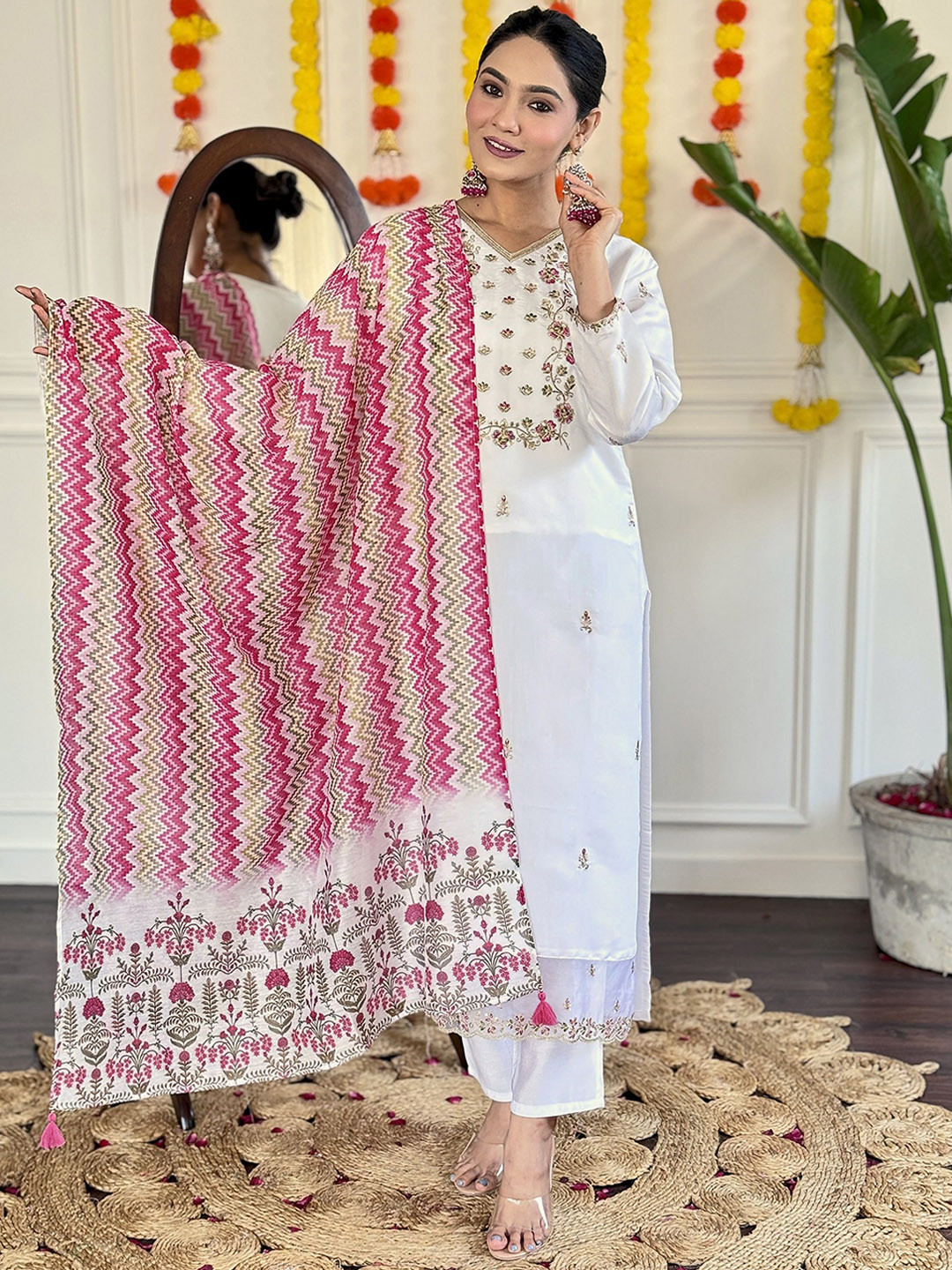 

PARNAVI Floral Embroidered Thread Work Chanderi Silk Kura With Trousers & Dupatta, White