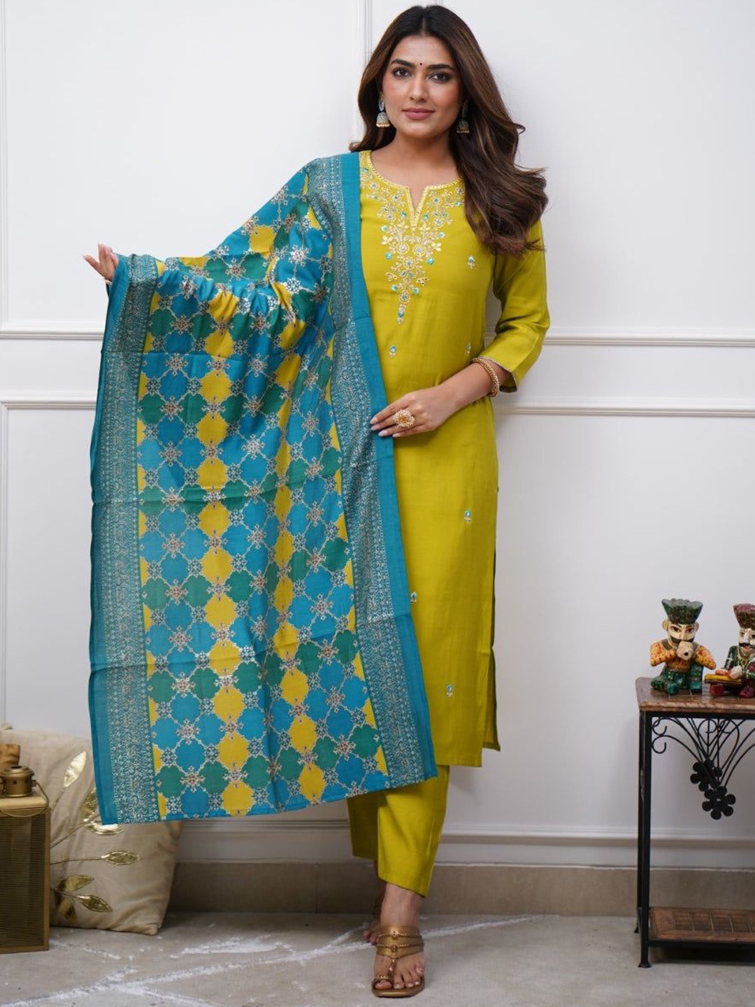 

KOTRONS Floral Embroidered Mirror Work Chanderi Silk Straight Kurta With Trouser & Dupatta, Yellow