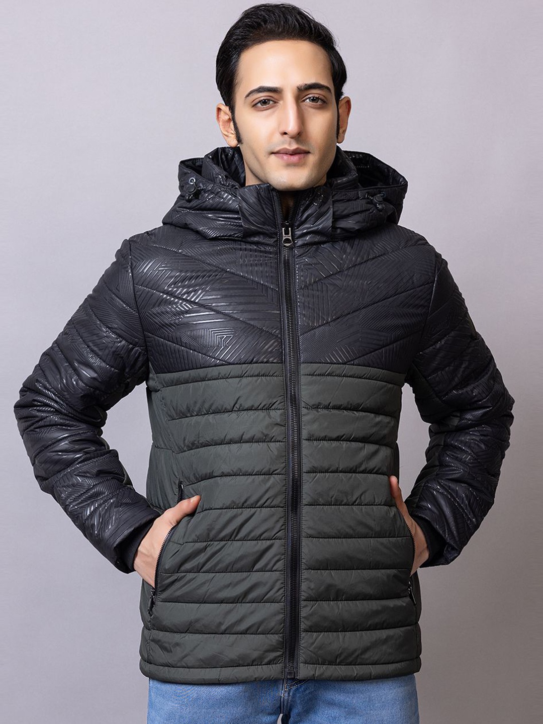 

LURE URBAN Men Hooded Colourblocked Casual Padded Jacket, Olive
