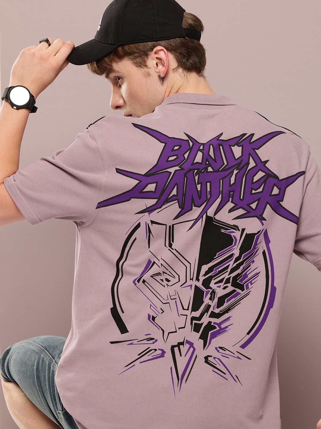 

Kook N Keech Marvel Printed Polo Collar Pure Cotton Oversized T-shirt, Purple