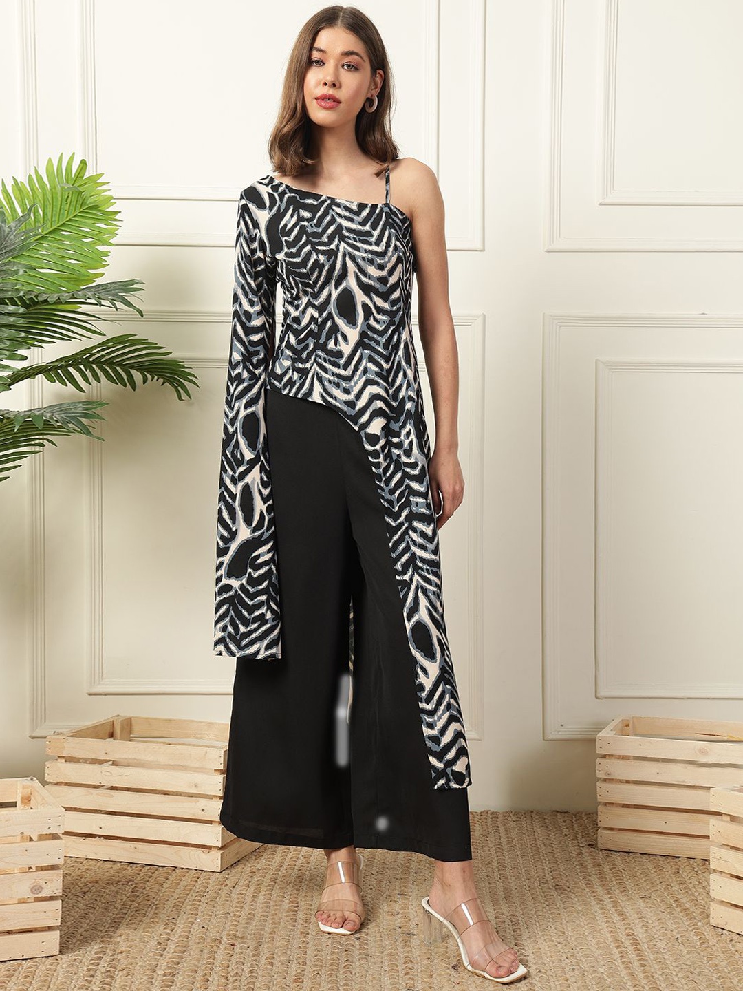 

DEEBACO Heart Printed One Shoulder Tunic With Palazzo, Black