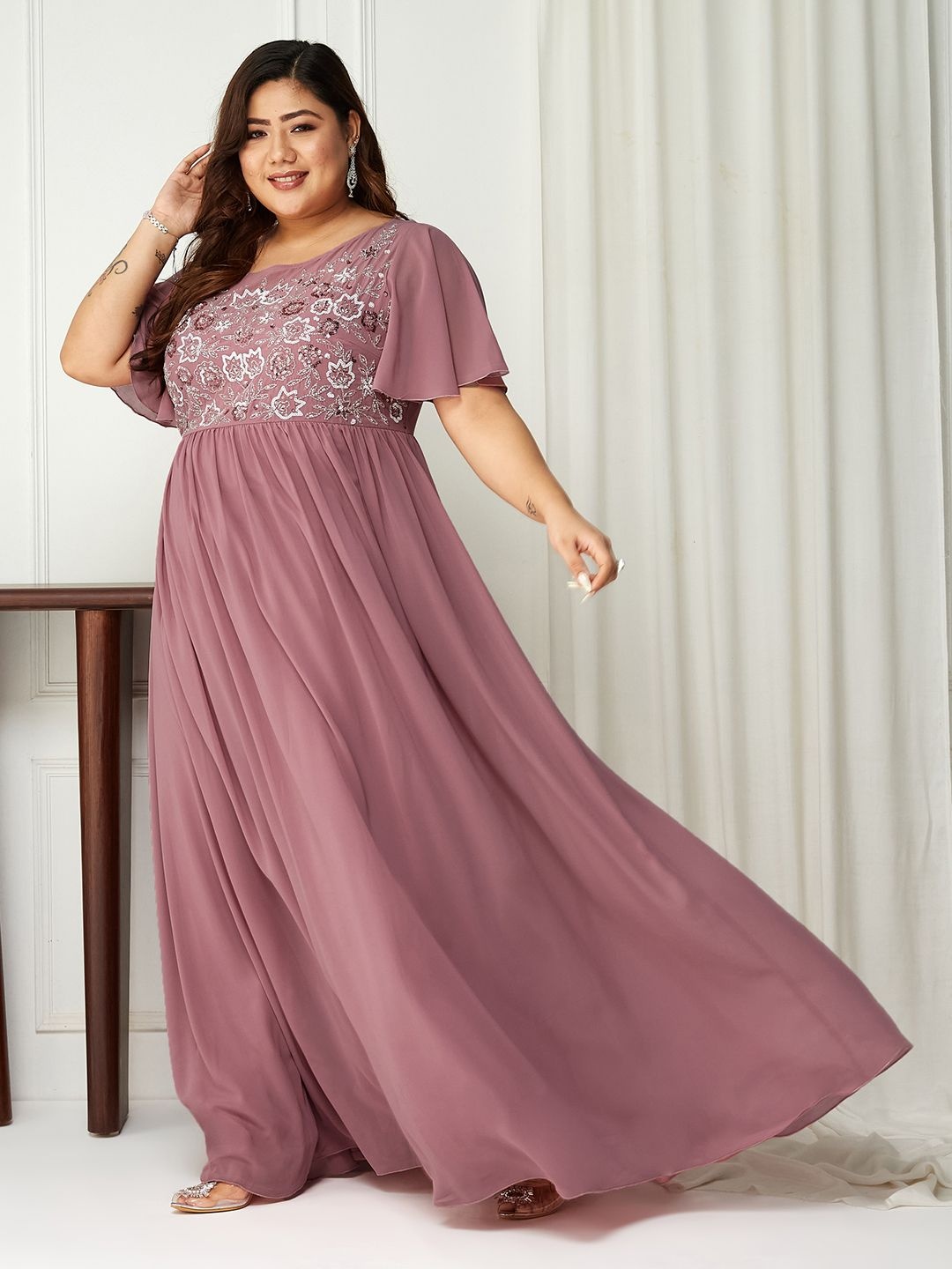 

Miss Chase A+ Embroidered Georgette Fit & Flare Maxi Dress, Lavender