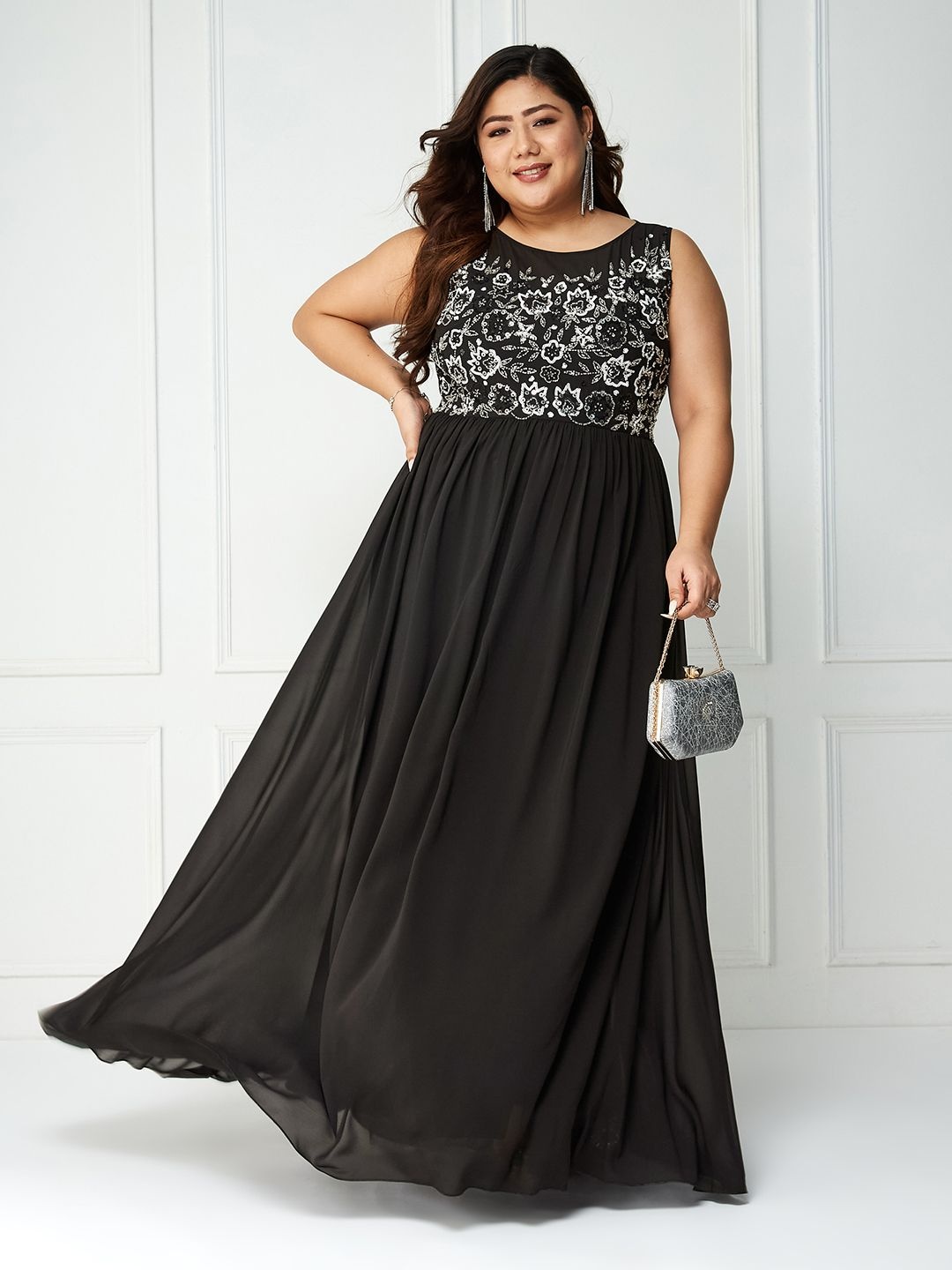 

Miss Chase A+ Embroidered Georgette Fit & Flare Maxi Dress, Black