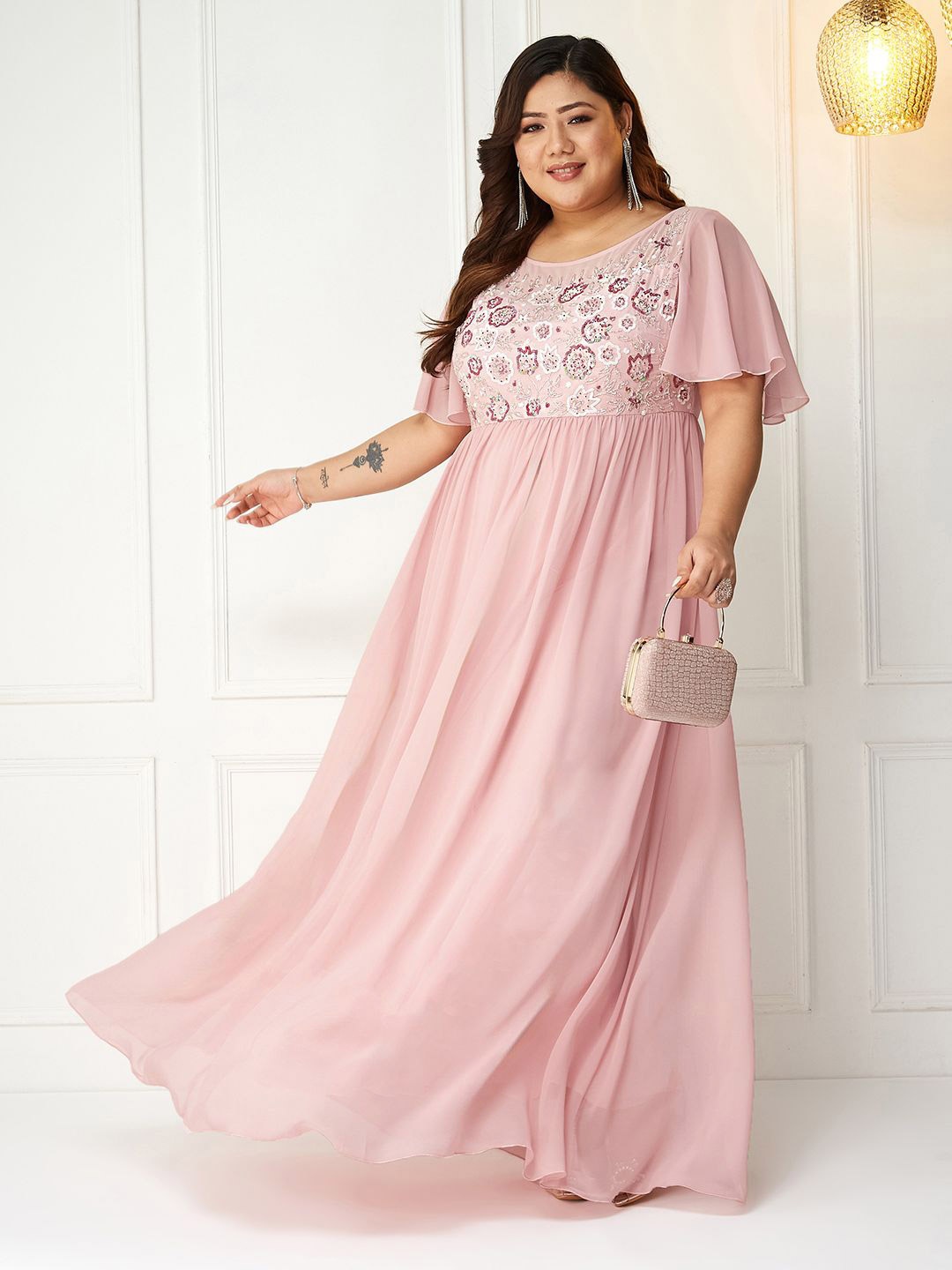 

Miss Chase A+ Embroidered Flared Sleeve Georgette Fit & Flare Maxi Dress, Pink