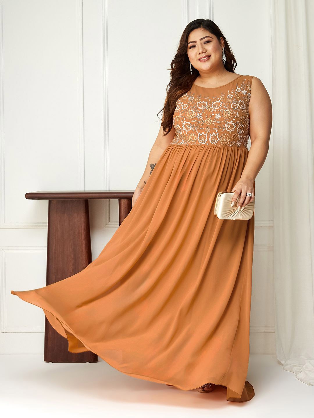 

Miss Chase A+ Embroidered Georgette Fit & Flare Maxi Dress, Orange