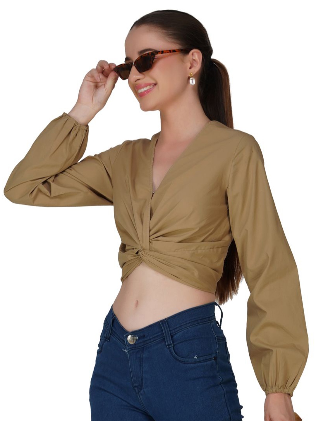 

Kiarabel Retail Tie-Up Neck Cotton Top, Beige