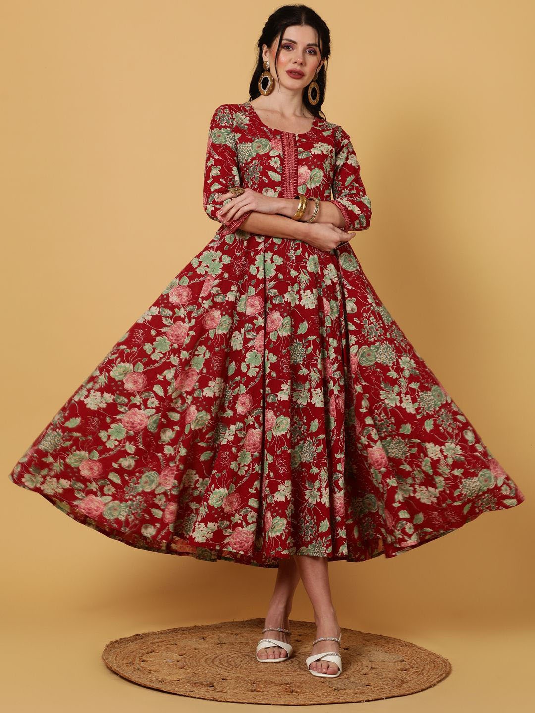 

Sa Rasa Floral Printed Fit and Flare Sequinned Cotton Ethnic Dress, Maroon