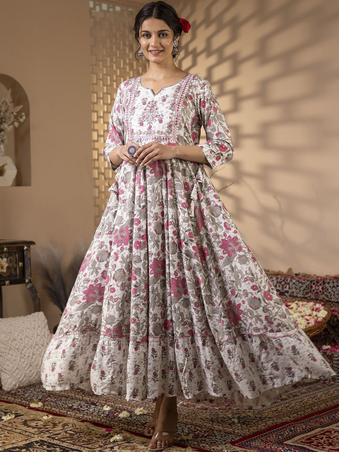 

Sa Rasa Floral Printed Notch Neck Fit and Flare Cotton Ethnic Dress, White
