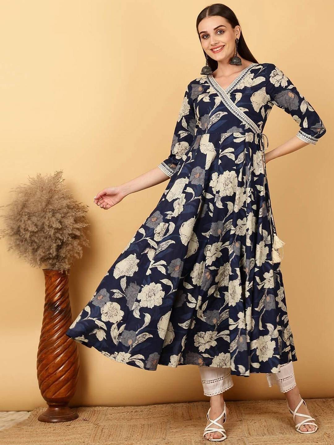 

Sa Rasa Floral Printed V-Neck Tie-Up Fit and Flare Cotton Ethnic Dress, Blue