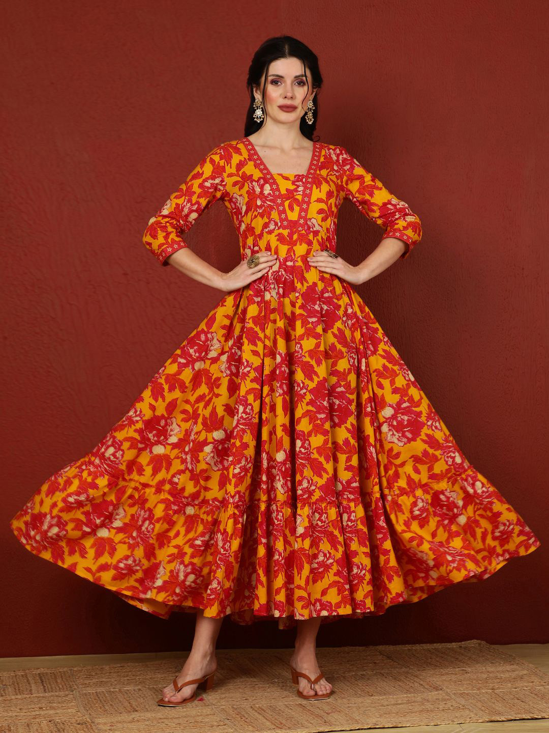 

Sa Rasa Floral Printed Notch Neck Fit and Flare Cotton Ethnic Dress, Orange