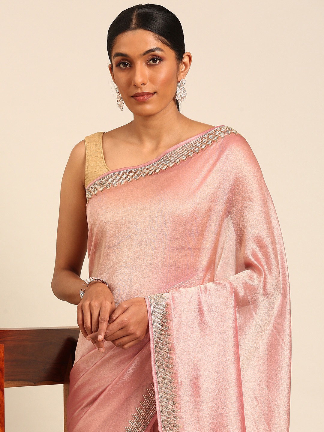 

MOHEY Embellished Stones Work Organza Saree, Pink