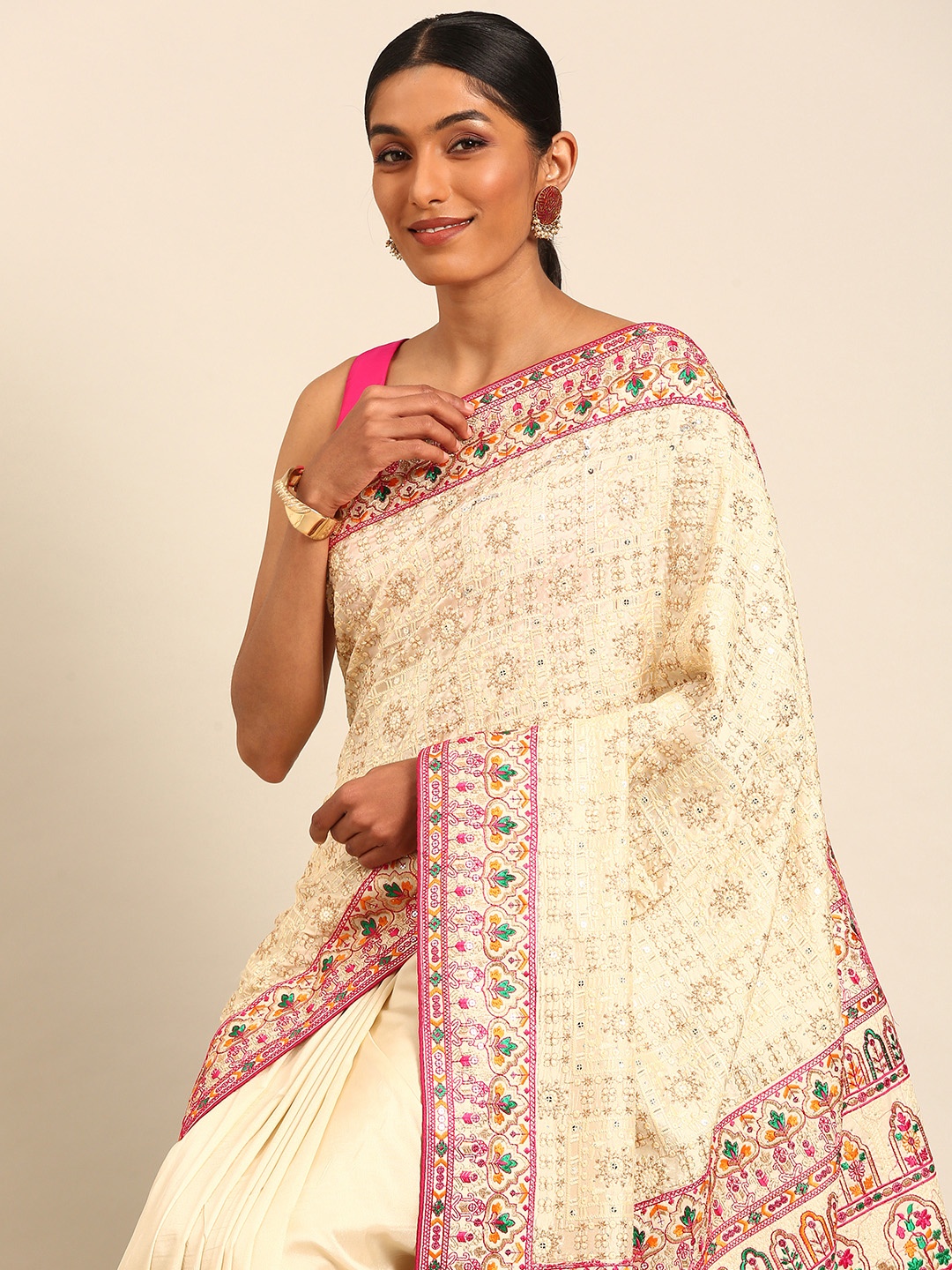 

MOHEY Indie-Floral Embroidered Sequinned Saree, Cream