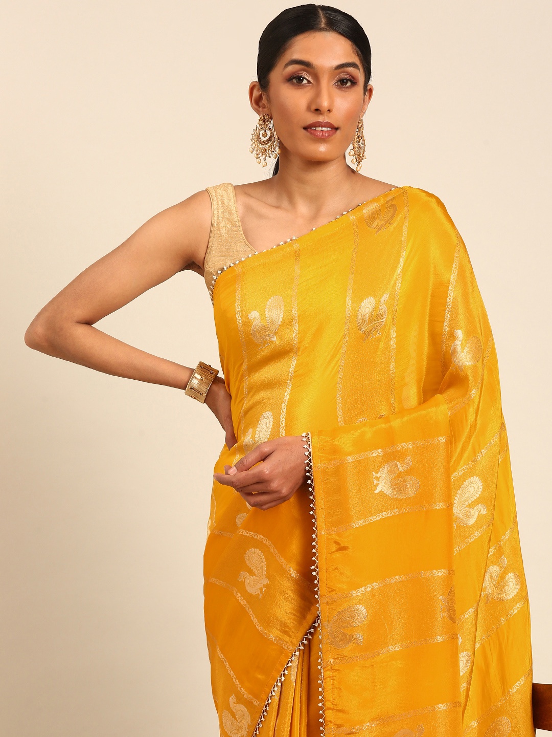 

MOHEY Woven Design Beads and Stones Satin Saree, Yellow