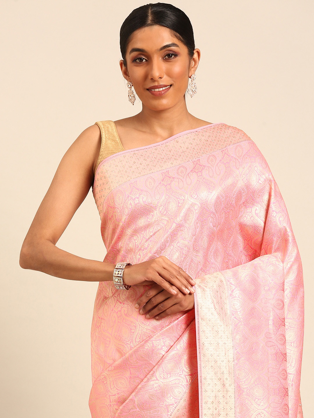 

MOHEY Woven Design & Stones Work Art Silk Saree, Pink