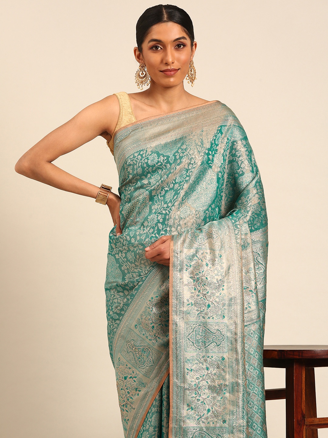 

MOHEY Woven Design Embroidered Art Silk Saree, Blue