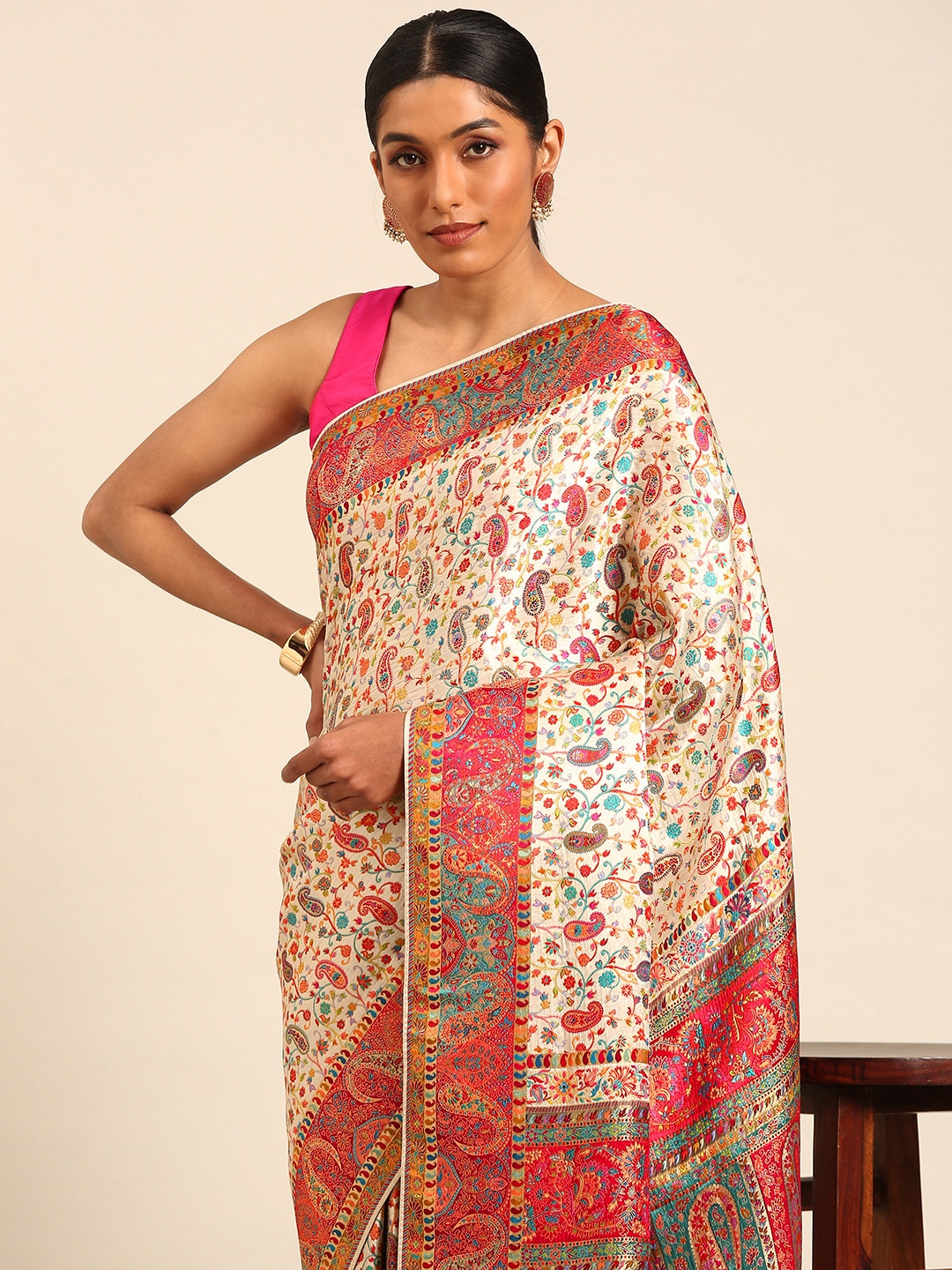 

MOHEY Paisley Embroidered Saree, Cream