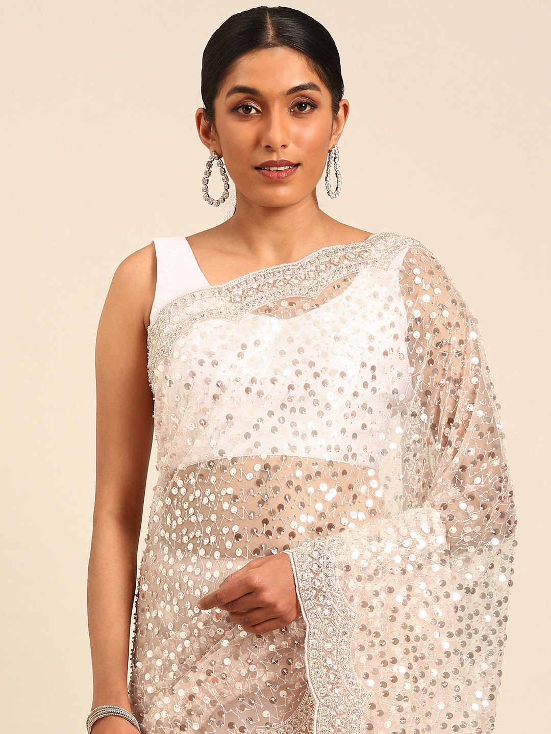 

MOHEY Woven Design Mirror Work Net Saree, Peach