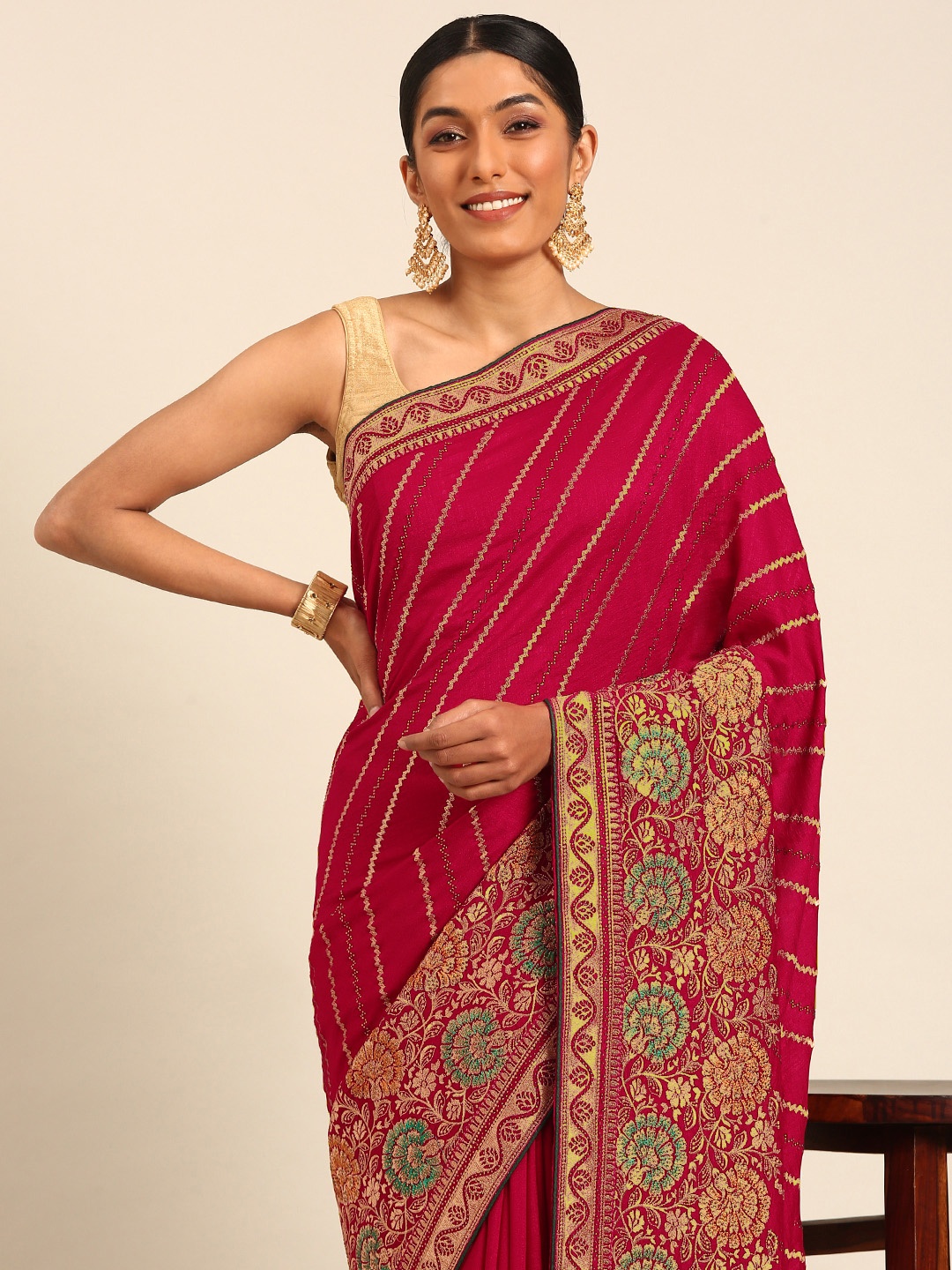 

MOHEY Woven Design Mirror Work Art Silk Saree, Red