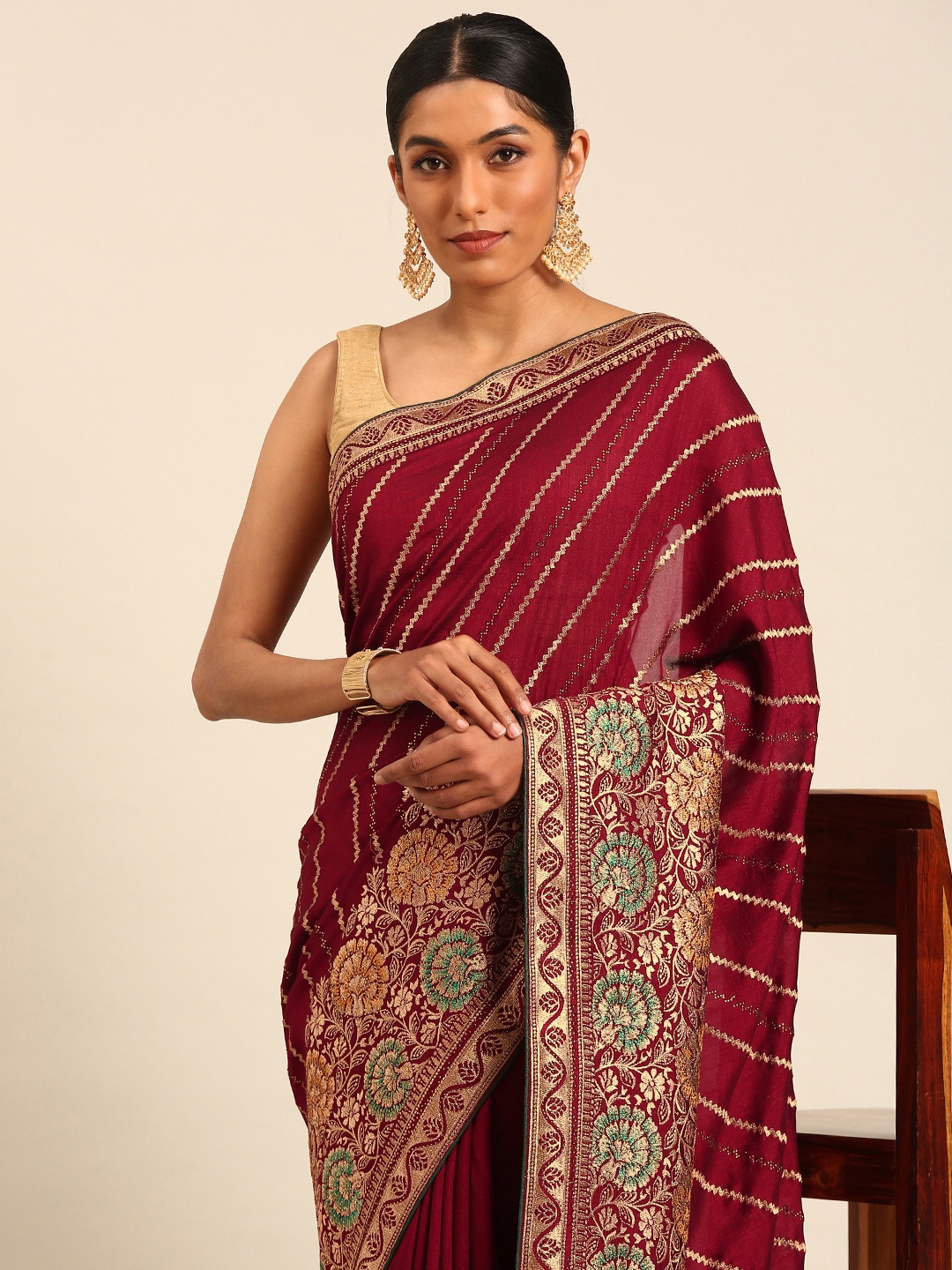 MOHEY Woven Design Mirror Work Art Silk Saree, Maroon