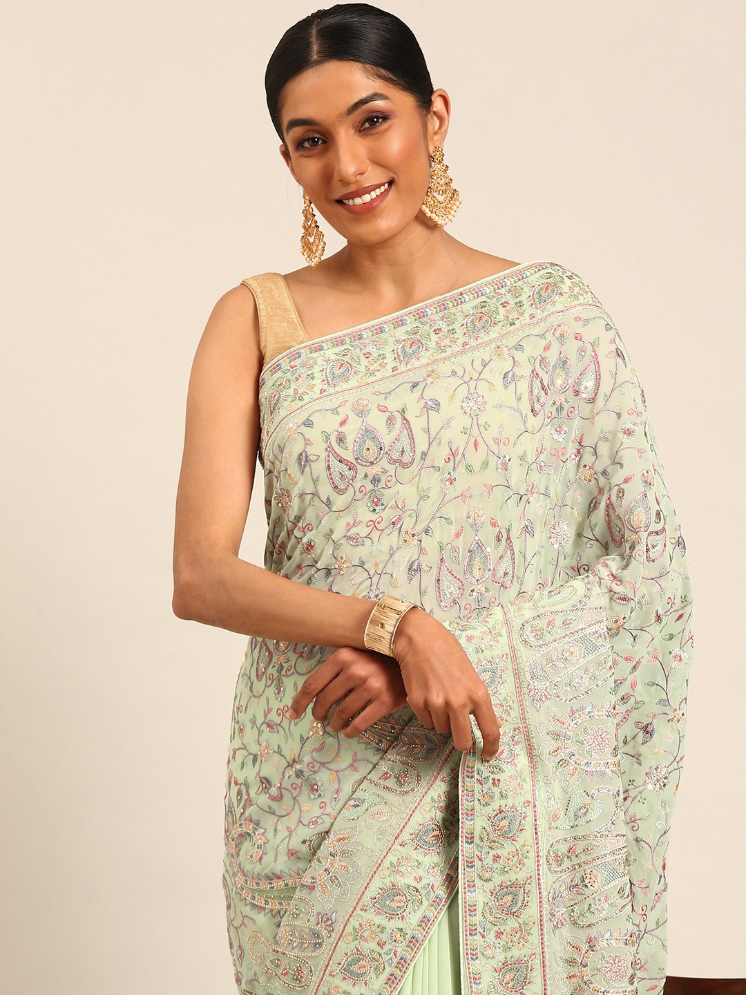 

MOHEY Woven Design Mirror Work Pure Georgette Saree, Green