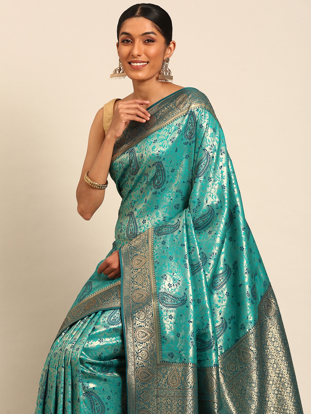 

MOHEY Paisley Woven Design Saree, Green