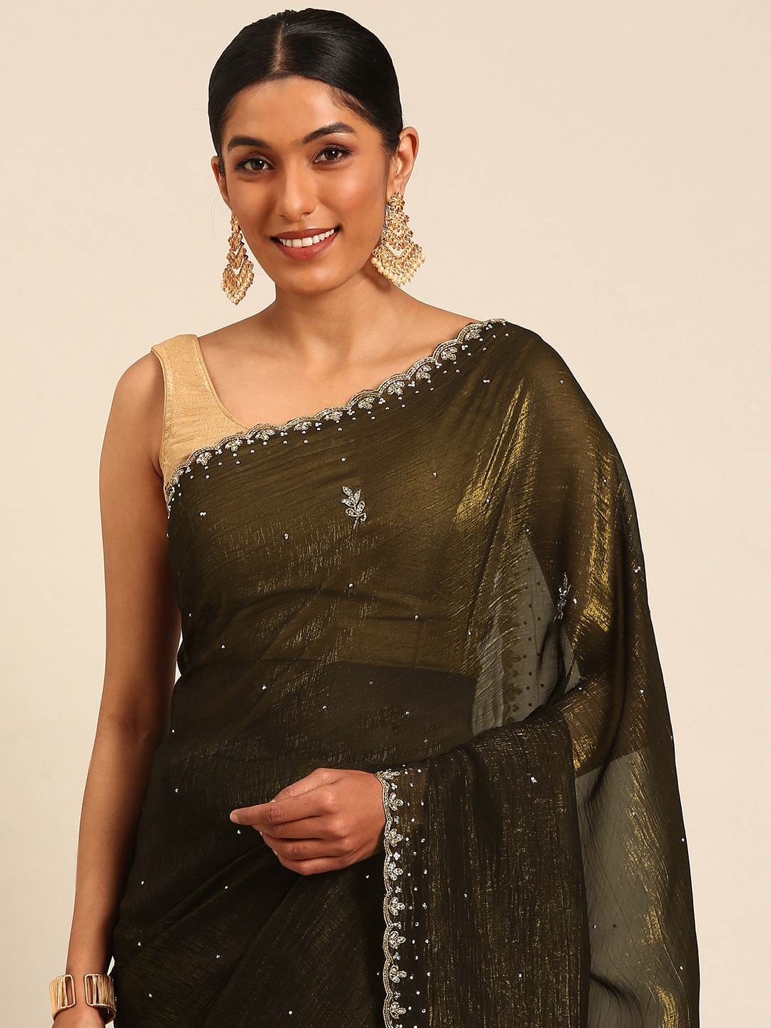 

MOHEY Embellished Stones Work Saree, Brown