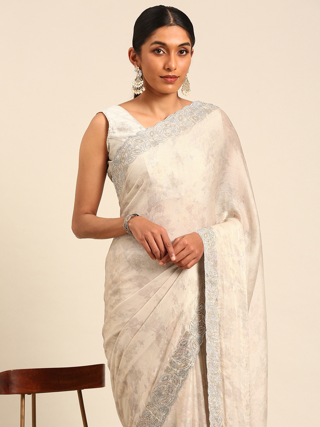 

MOHEY Woven Design Beads and Stones Saree, Cream