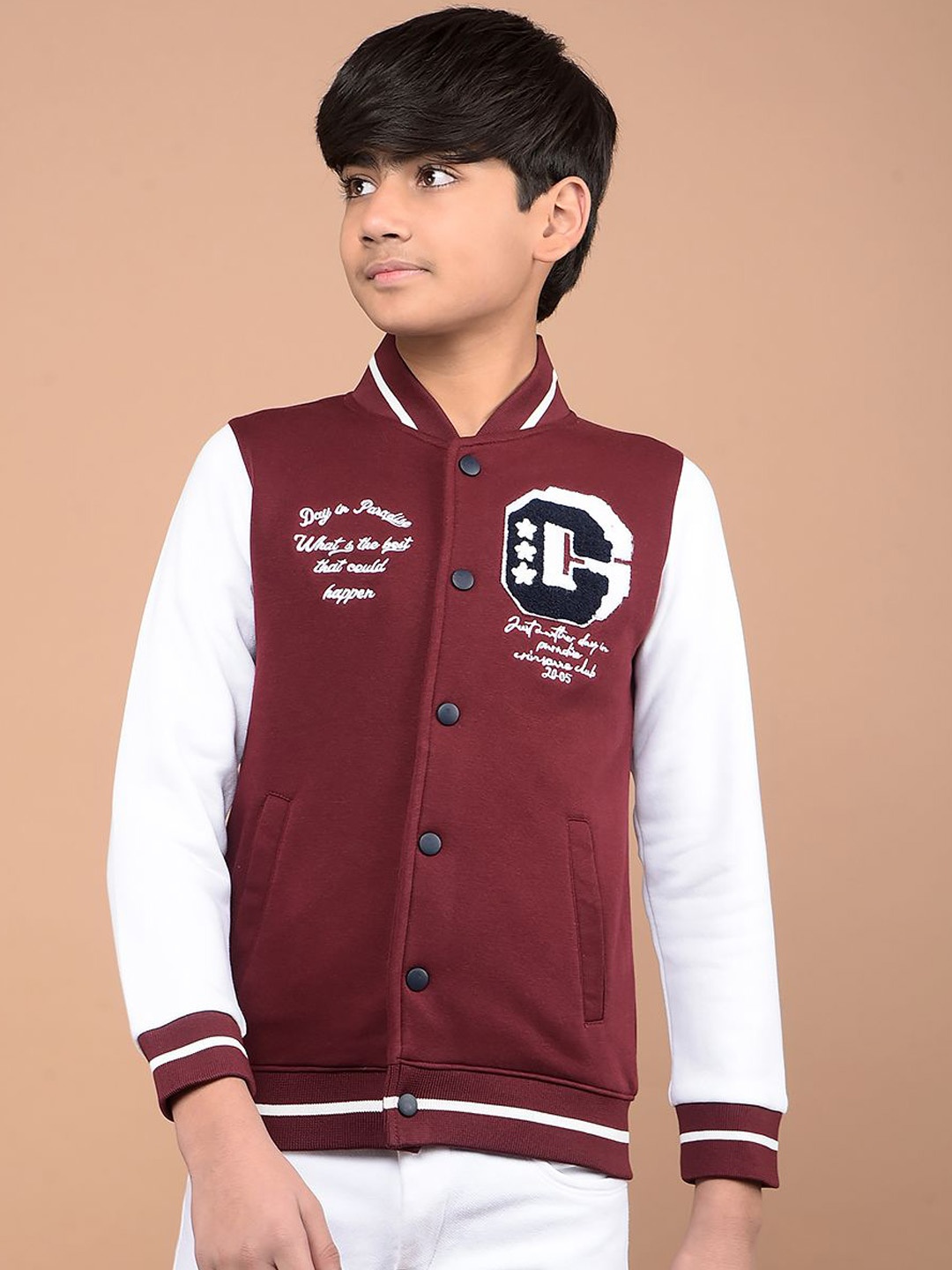 

Crimsoune Club Boys Stand Collar Typography Printed Casual Bomber Lightweight Jacket, Burgundy